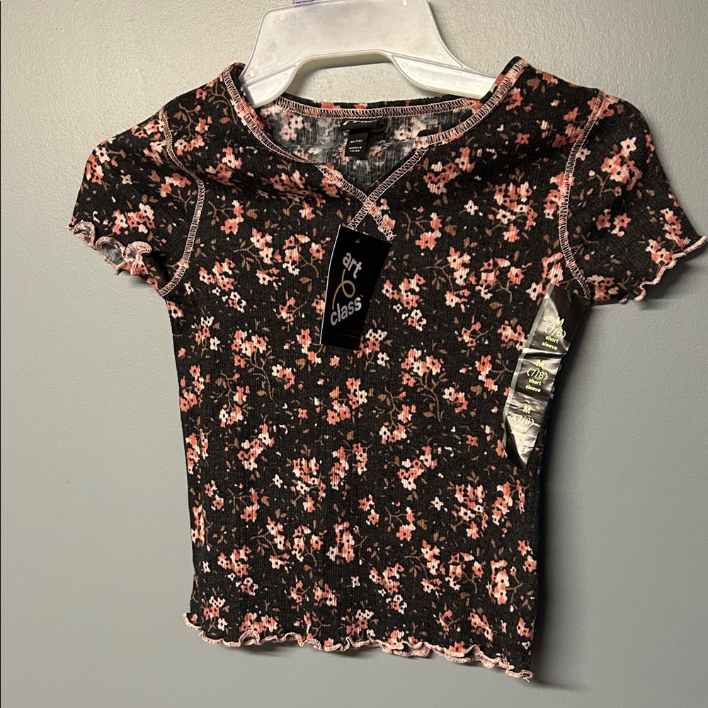 art class Black Ribbed Crop Top with Pink Floral Print